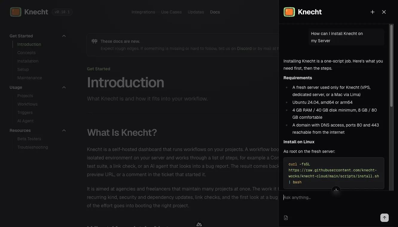 The "Ask Knecht" panel next to the docs, with a question about the installation and an answer listing the requirements and the install command