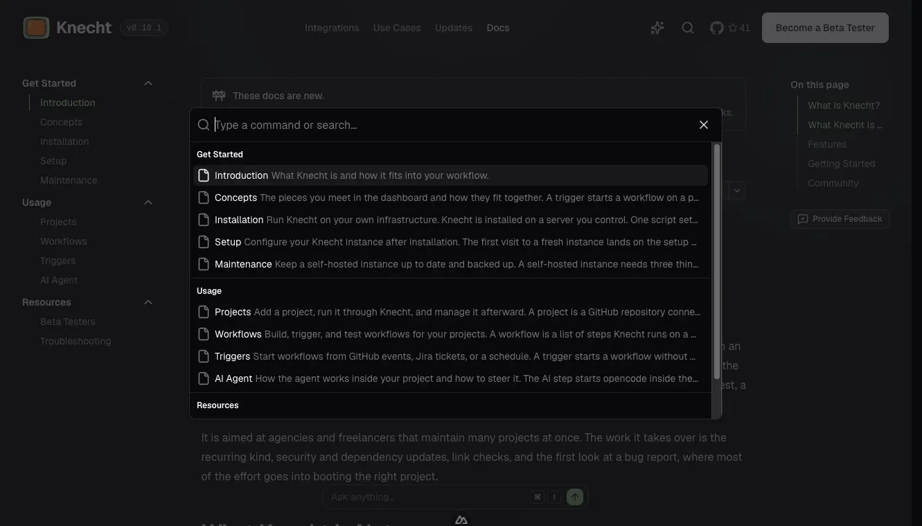 The docs search above the "Introduction" page, with the results grouped by Get Started, Usage, and Resources