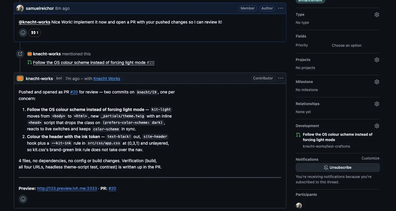 The reporter asked Knecht to implement the plan and open a pull request, and Knecht answered with the pull request link and a summary