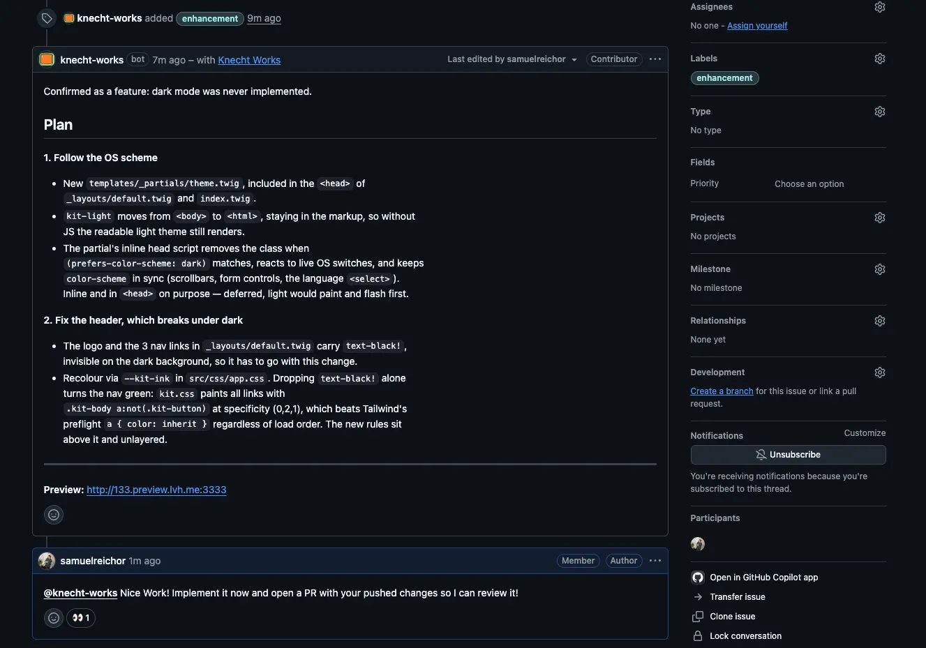 Knecht confirmed the issue as a feature request, added the enhancement label, and posted a plan with a preview link