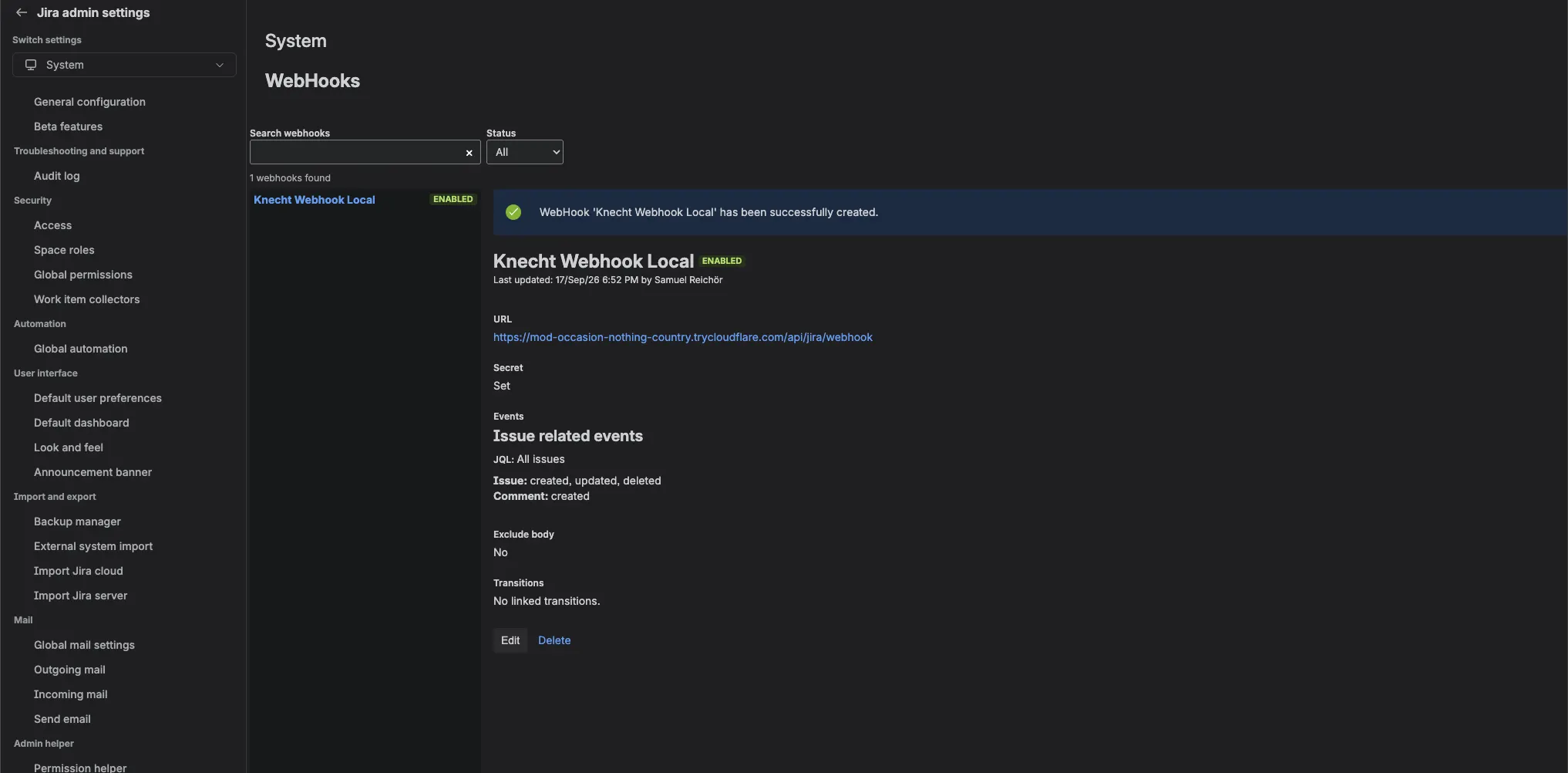 The saved webhook in Jira, enabled, with the Knecht URL, the secret set, the issue and comment events, and exclude body set to no