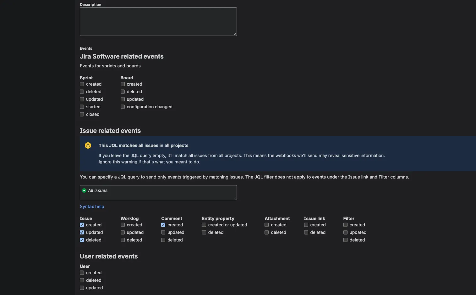 The events section of the Jira webhook form, with created, updated, and deleted ticked under Issue and created ticked under Comment