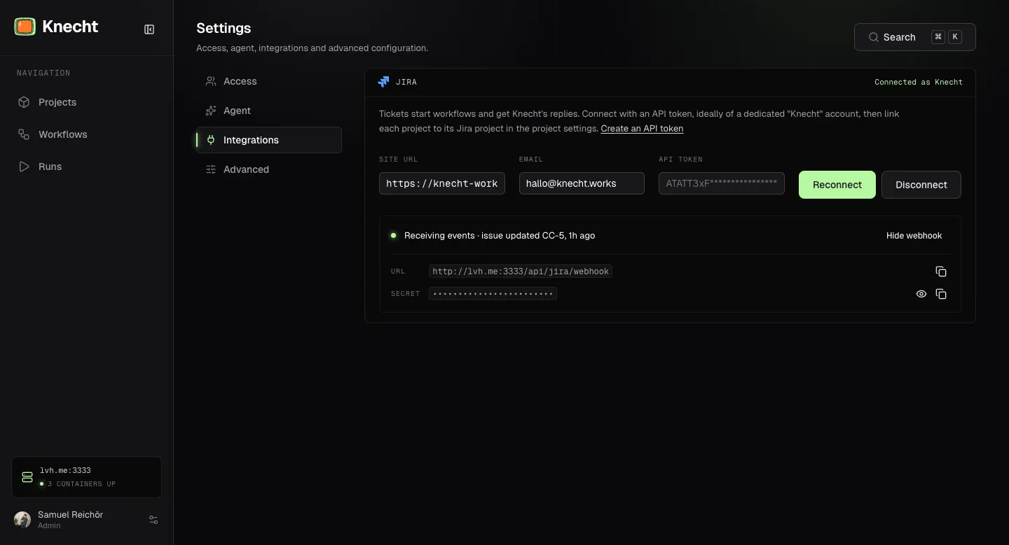 The Jira panel under Settings, Integrations, connected to an account, with the site URL, email, and API token fields, and the webhook URL and secret below