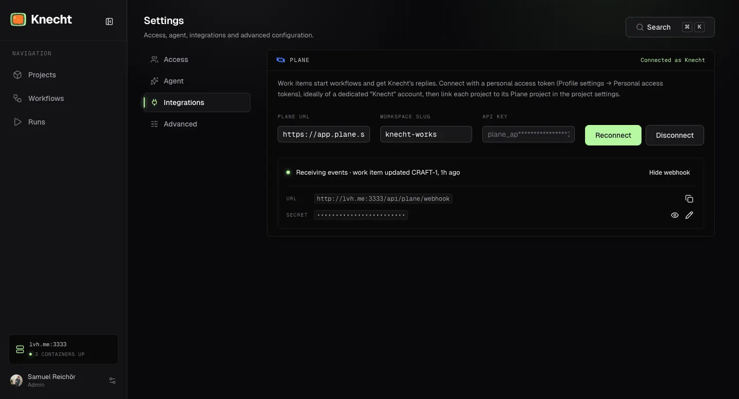 The Plane panel under Settings, Integrations, connected to an account, with the Plane URL, workspace slug, and API key fields, and the webhook URL and secret below