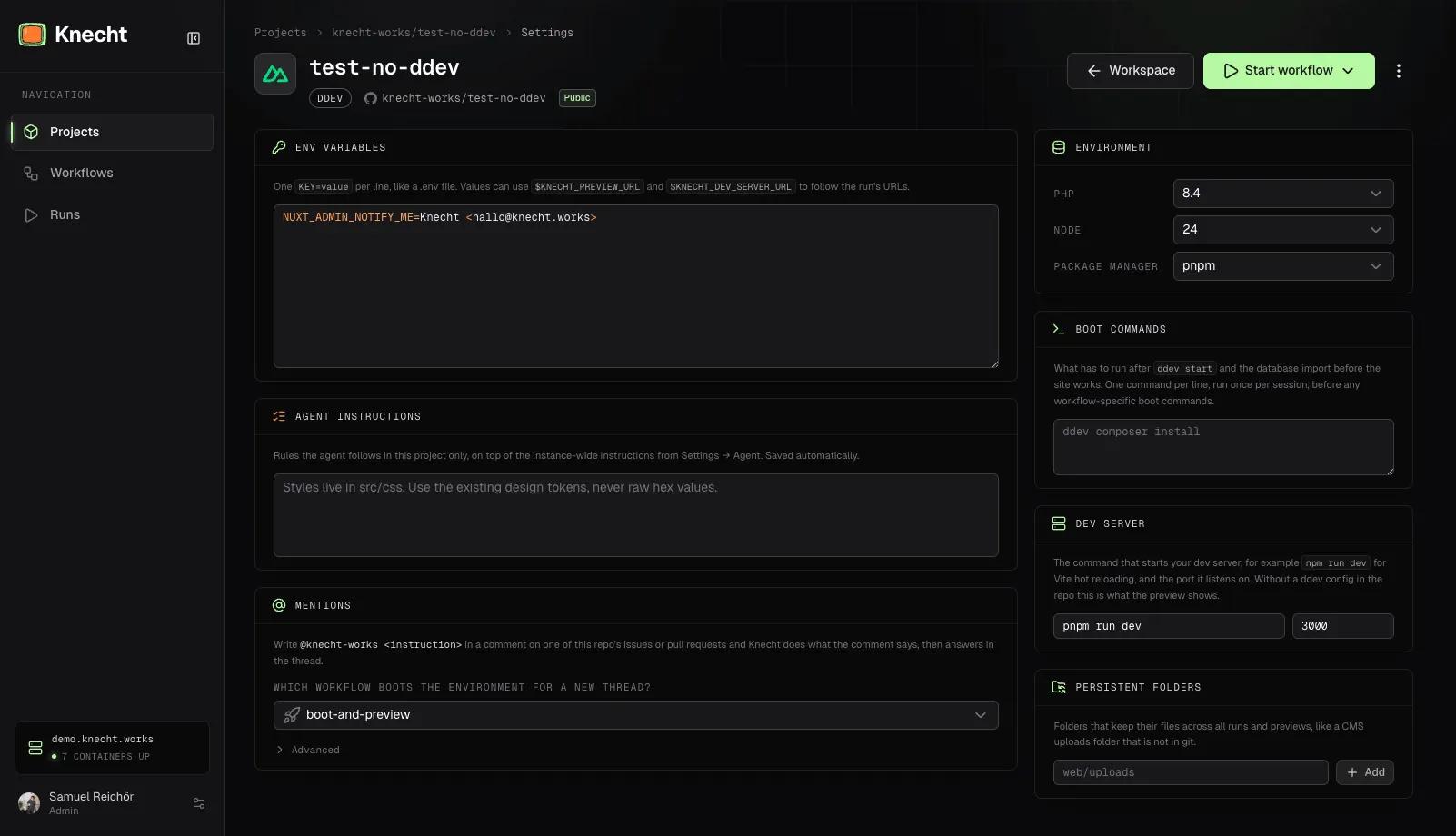 Project settings of a Nuxt repo without a DDEV config: the "Environment" card with PHP 8.4, Node 24 and pnpm, below it the boot commands and the "Dev Server" card with command and port