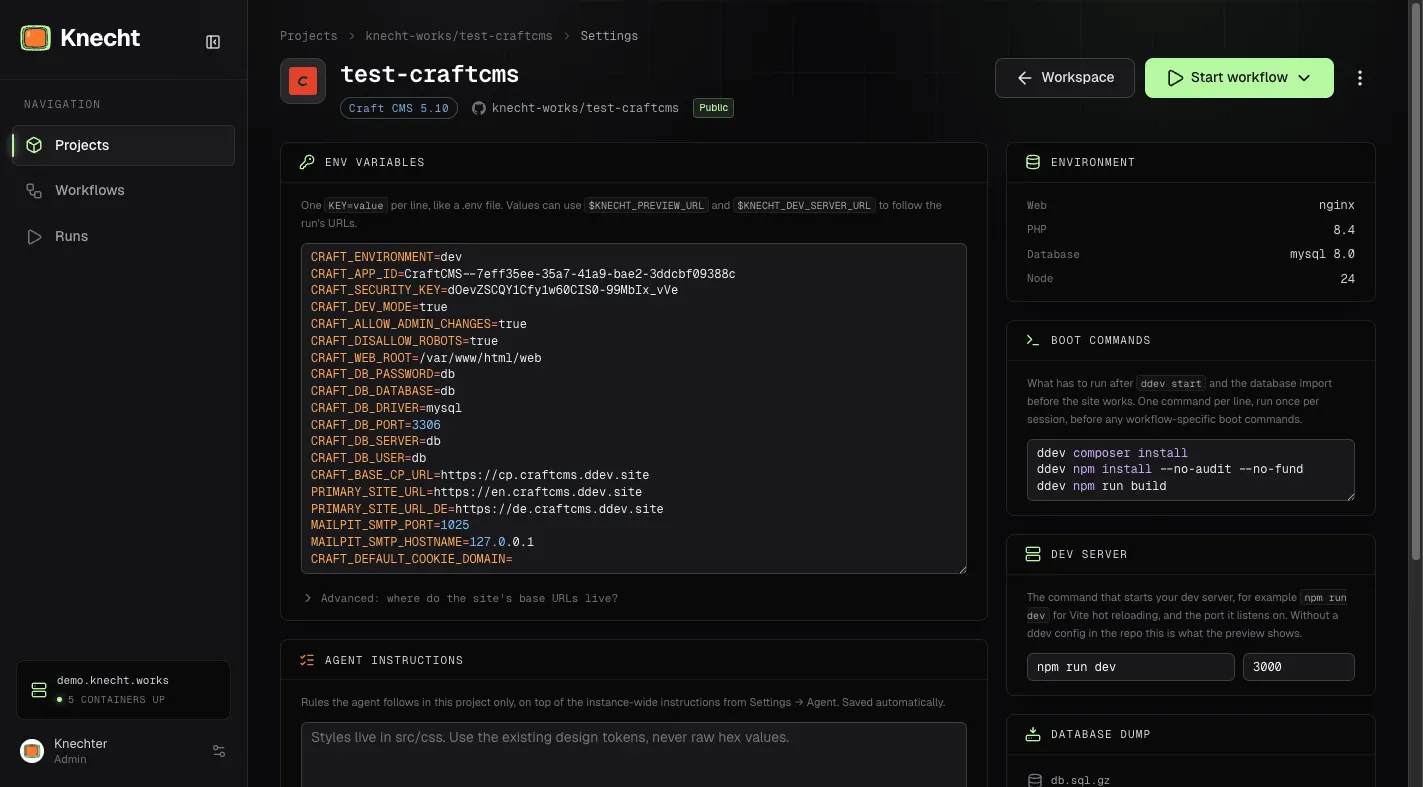 The project settings page, with panels for env variables, agent instructions, environment, boot commands, dev server, and database dump
