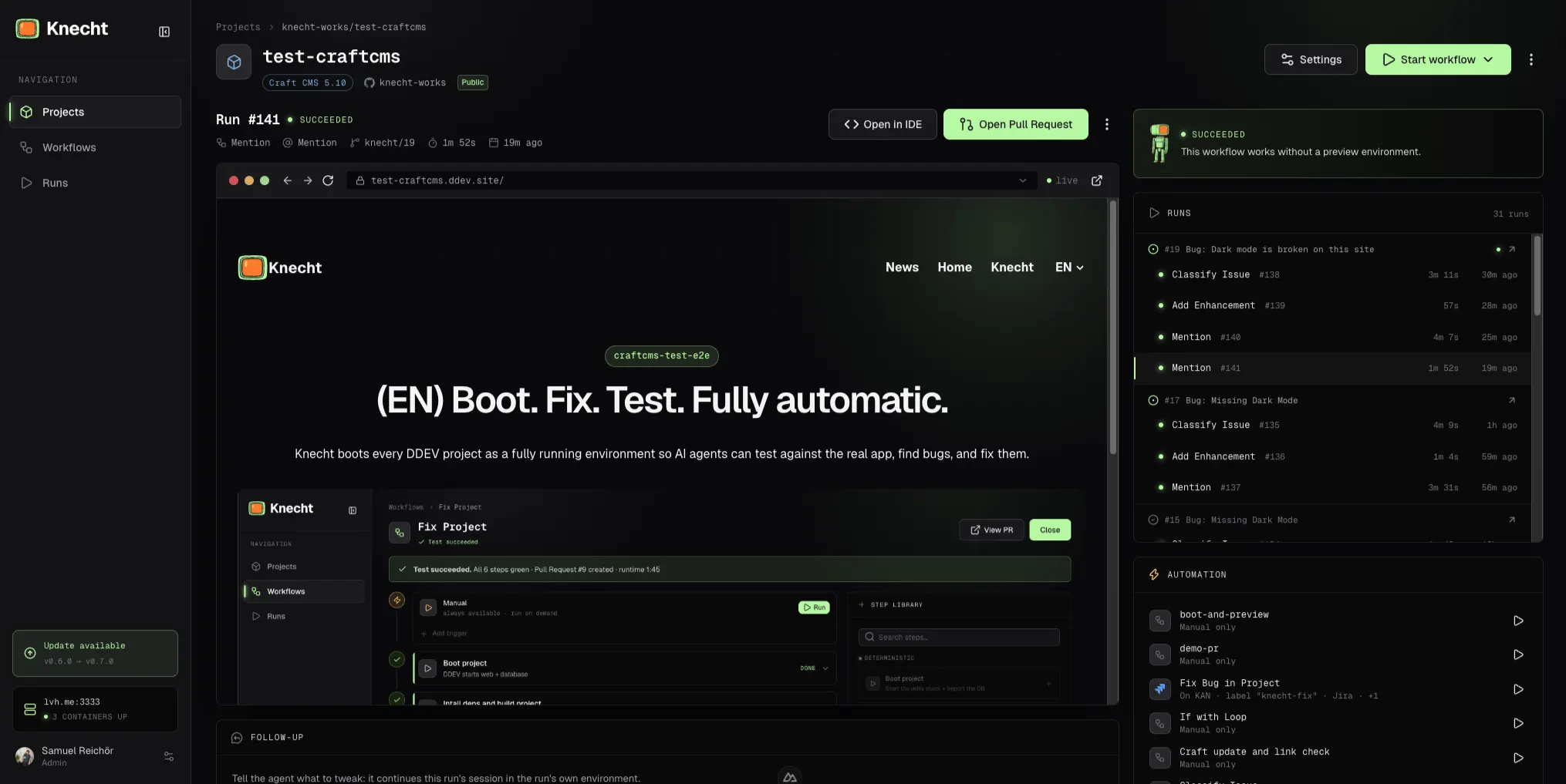 Project page in the Knecht dashboard with the run list grouped by issues, under the dark mode issue four runs from the triage to two mentions