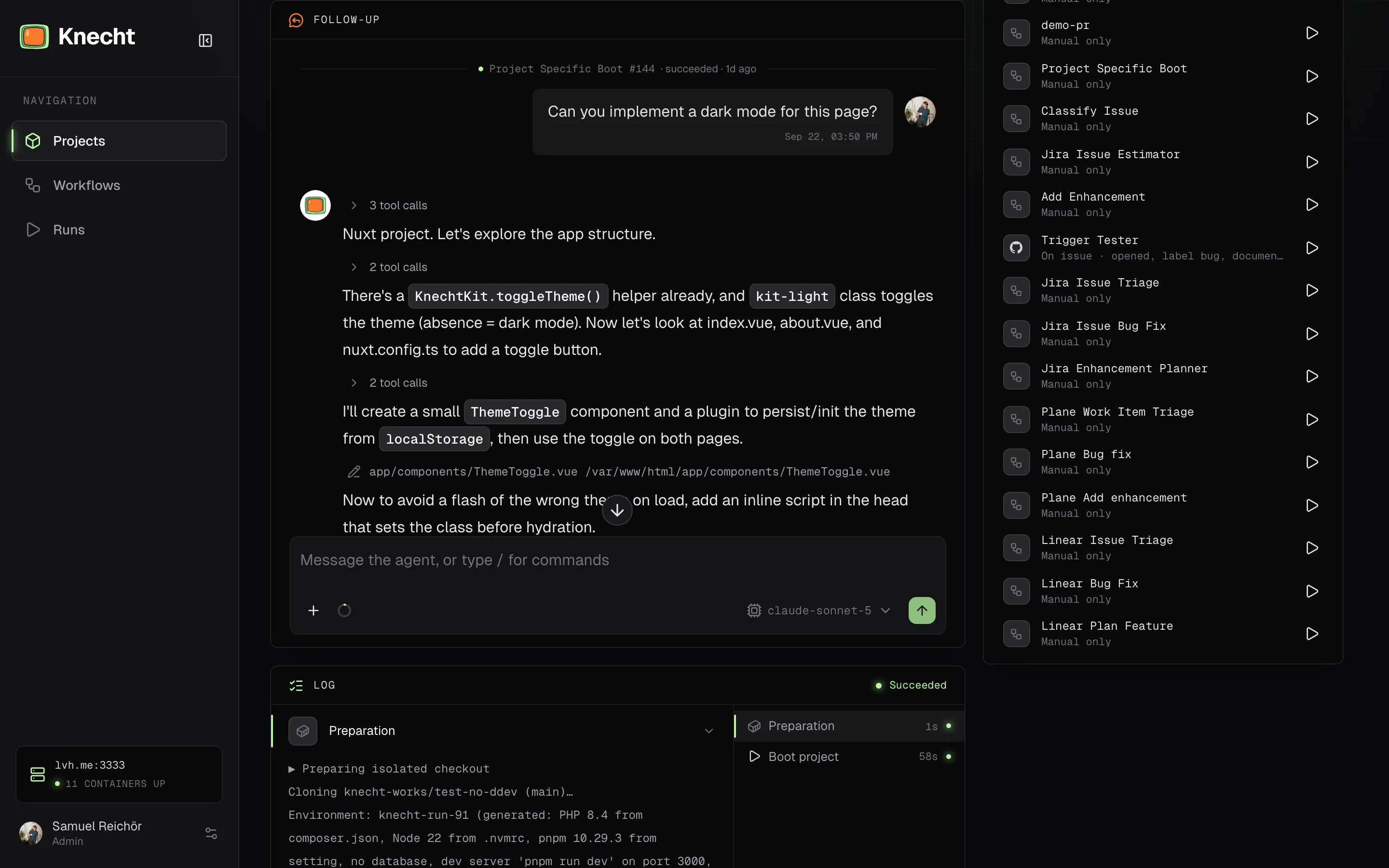 The follow-up panel on the run page, with a request to add a dark mode, the agent's reply with its collapsed tool calls, and the input field for the next message with the model picker