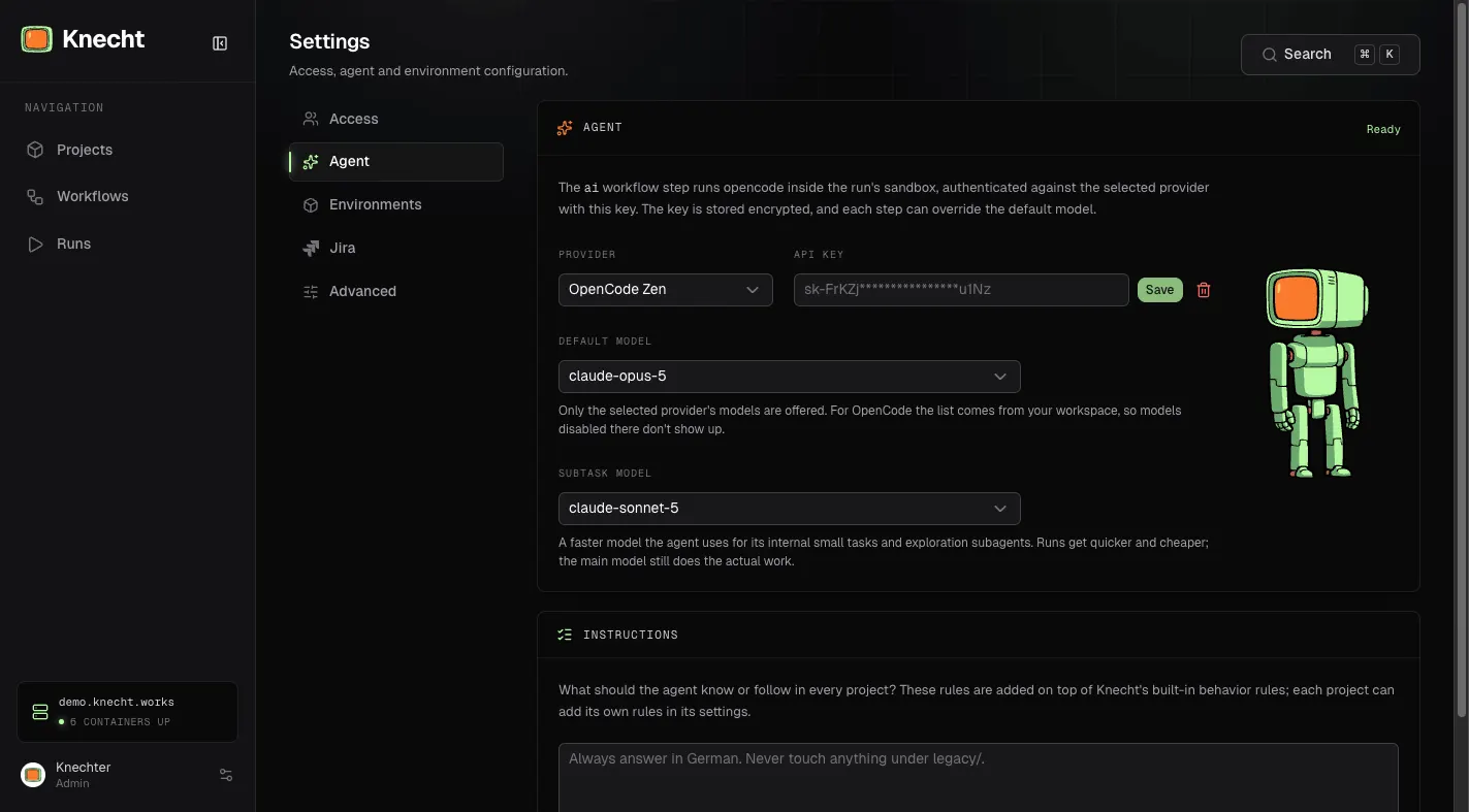 The Agent page under Settings, with the provider, API key, and default and subtask model fields