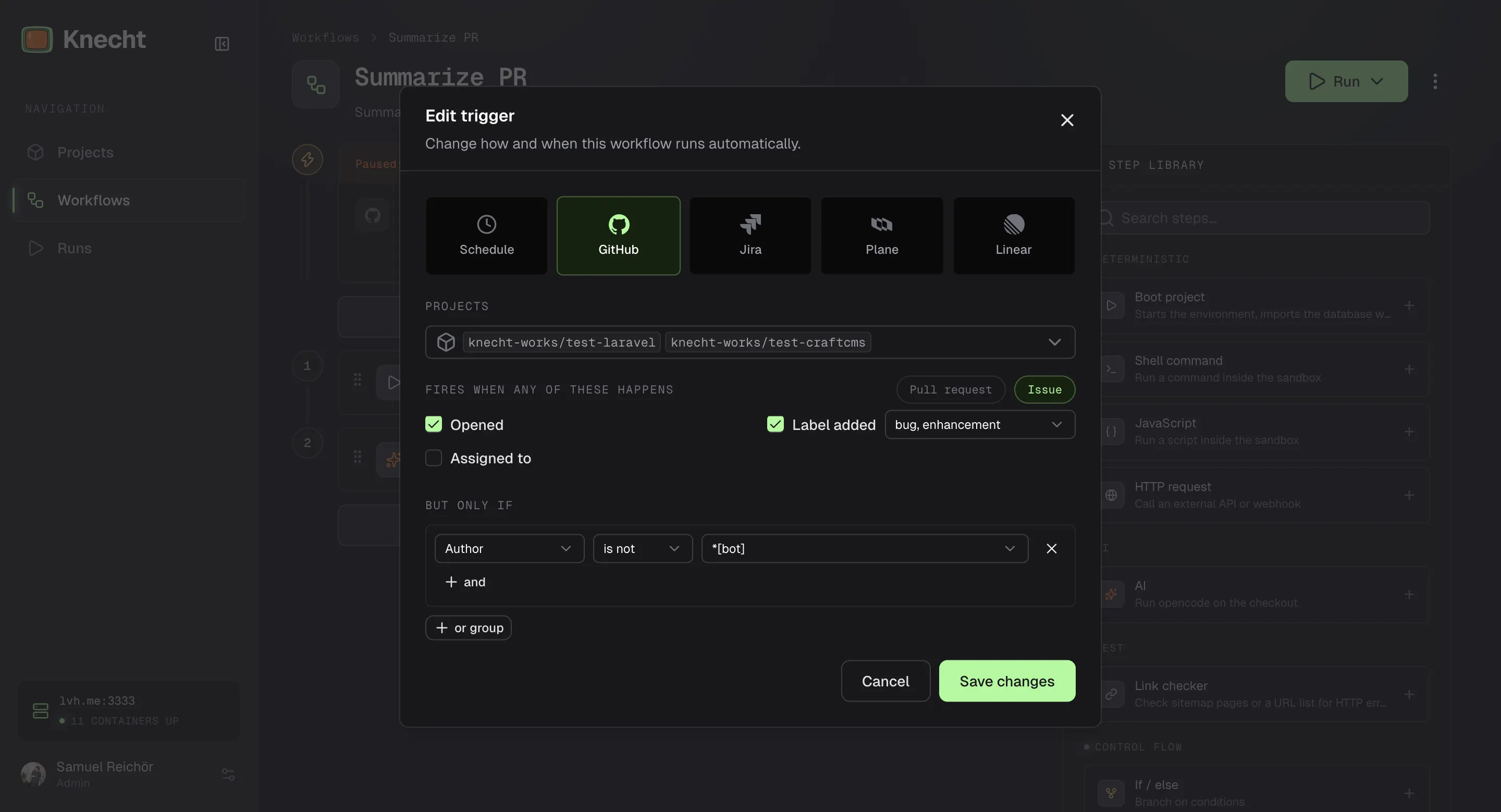 The trigger dialog on the Issue tab, with the events Opened and Label added with the labels bug and enhancement ticked, and the condition Author is not *bot