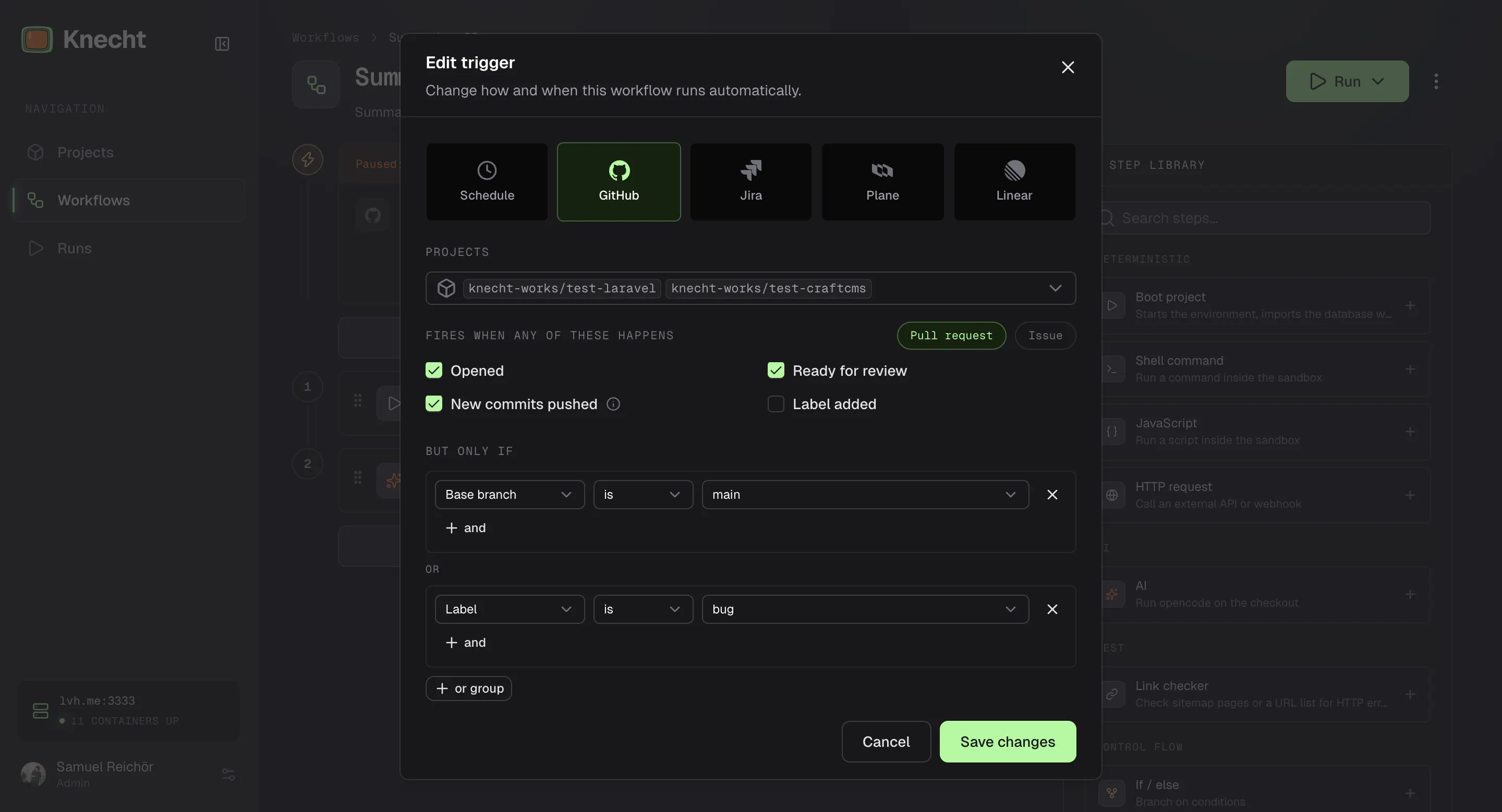 The trigger dialog with GitHub selected as source, two projects as chips, the Pull request tab, the events Opened, Ready for review, and New commits pushed ticked, the condition Base branch is main, and an or group with Label is bug