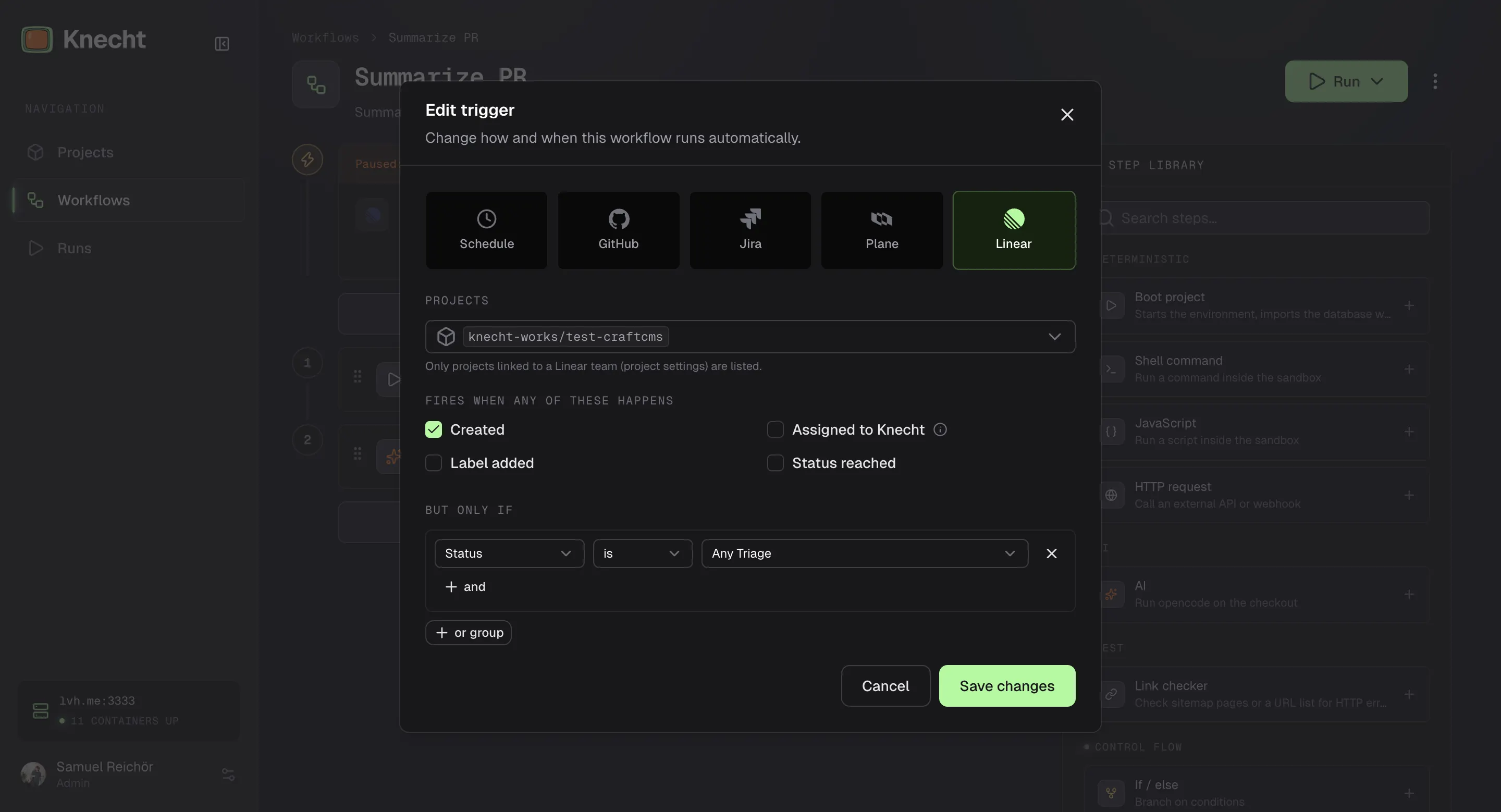 The trigger dialog with Linear selected as source, one linked project, the event Created ticked, and the condition Status is Any Triage
