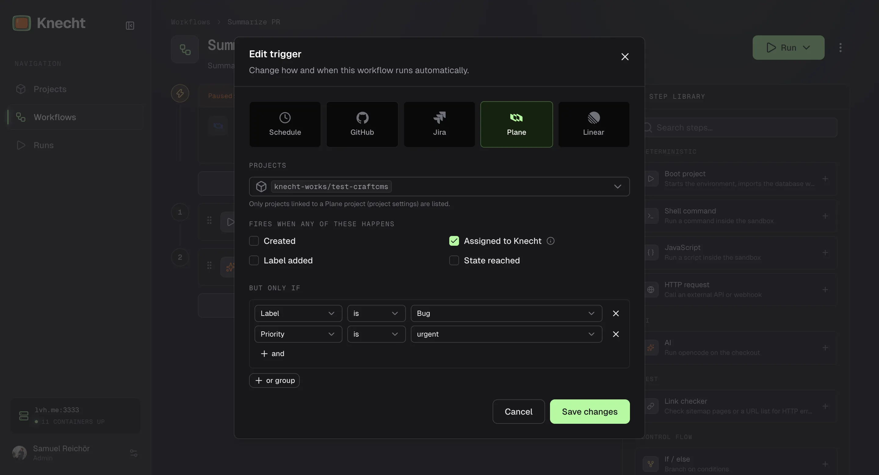The trigger dialog with Plane selected as source, one linked project, the event Assigned to Knecht ticked, and the conditions Label is Bug and Priority is urgent