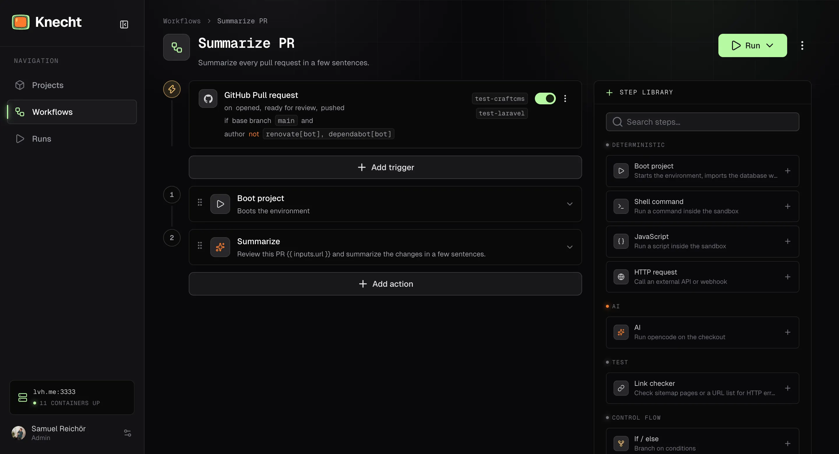 The workflow editor for a Summarize PR workflow, with Run in the header, a GitHub pull request trigger with its events, conditions, and projects, a Boot project and an AI step, and the step library on the right