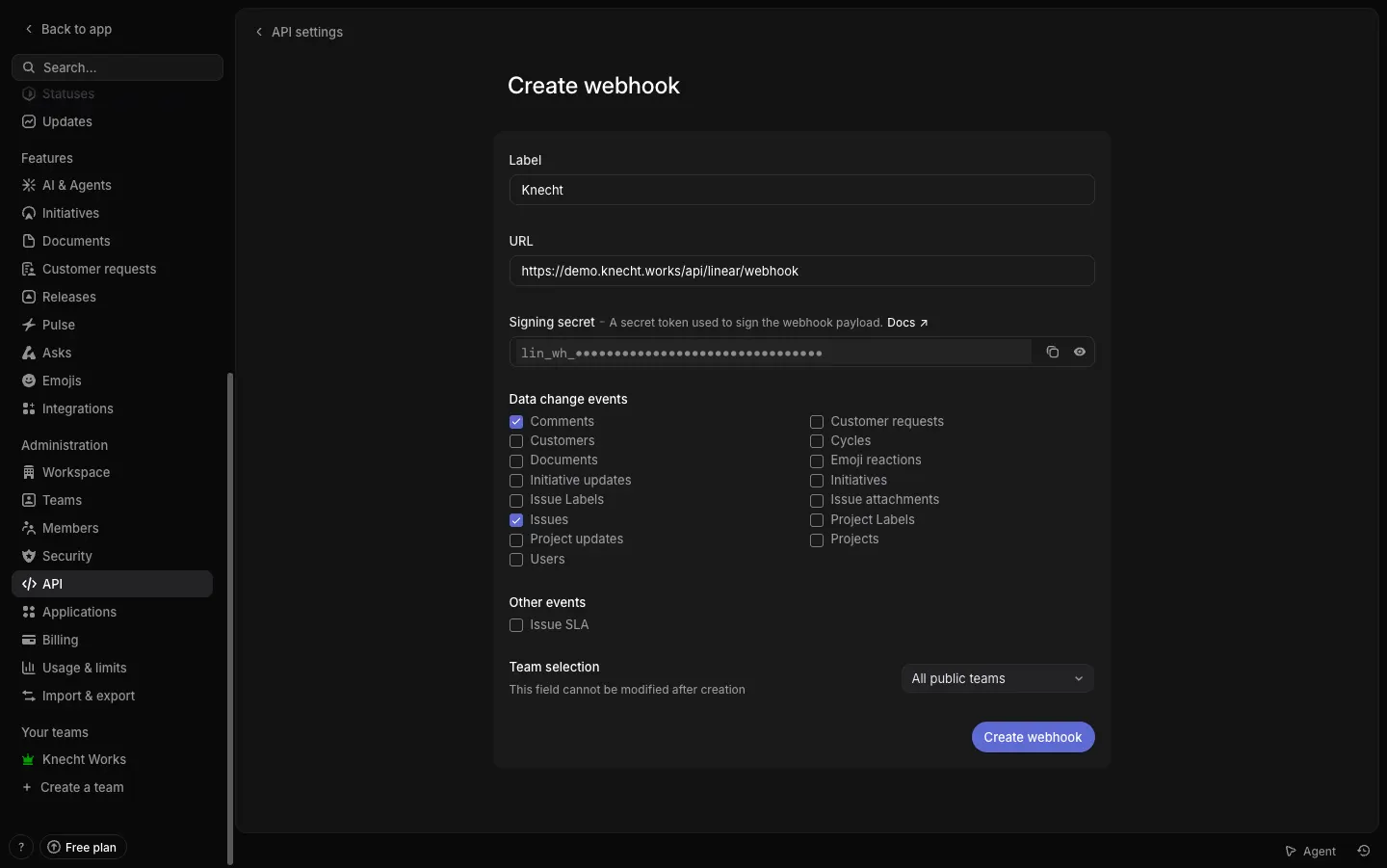 The Create webhook form in the Linear API settings, with the Knecht webhook URL and the data change events Comments and Issues ticked