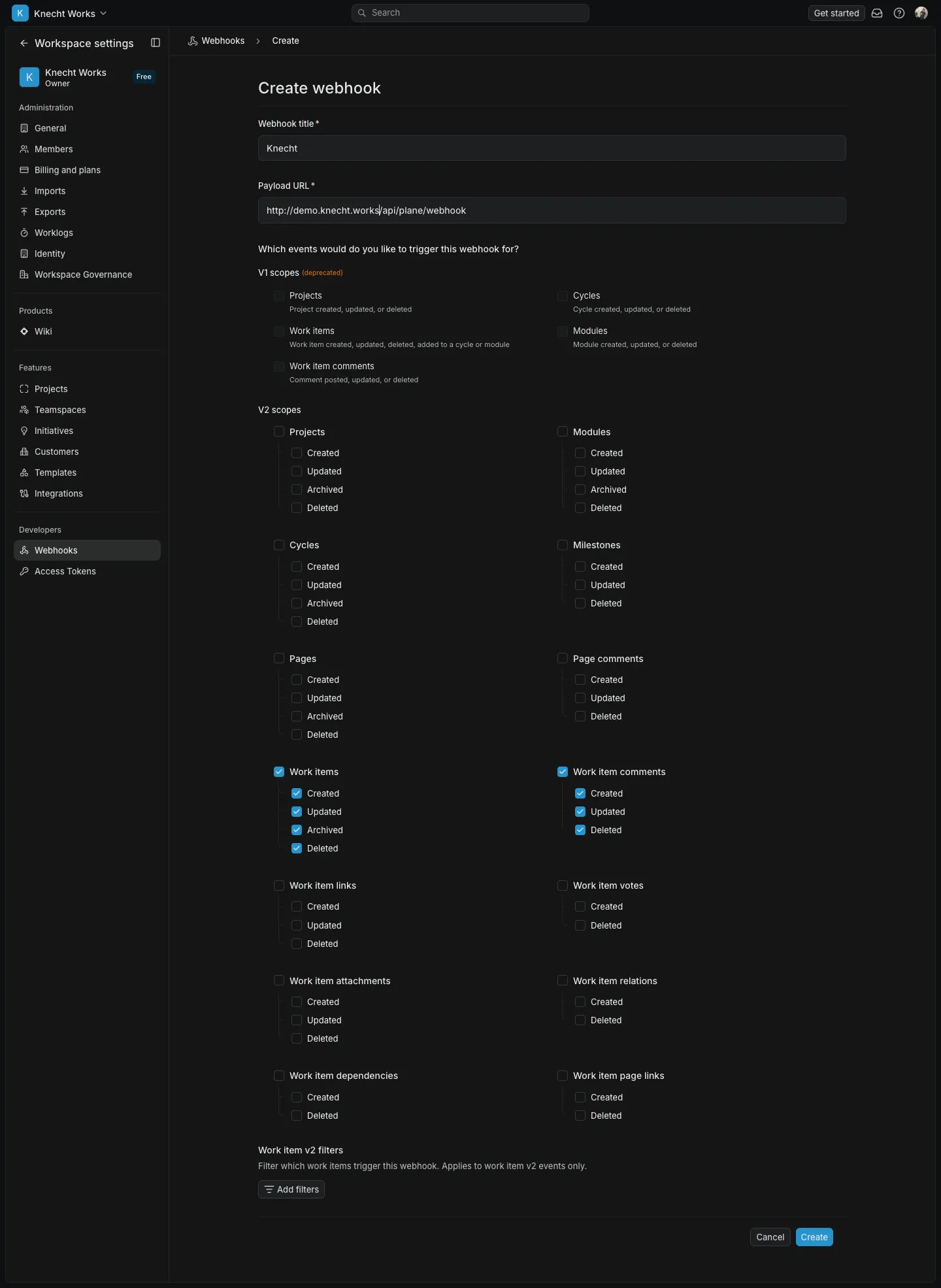 The Create webhook form in the Plane workspace settings, with the Knecht payload URL and the V2 scopes Work items and Work item comments ticked