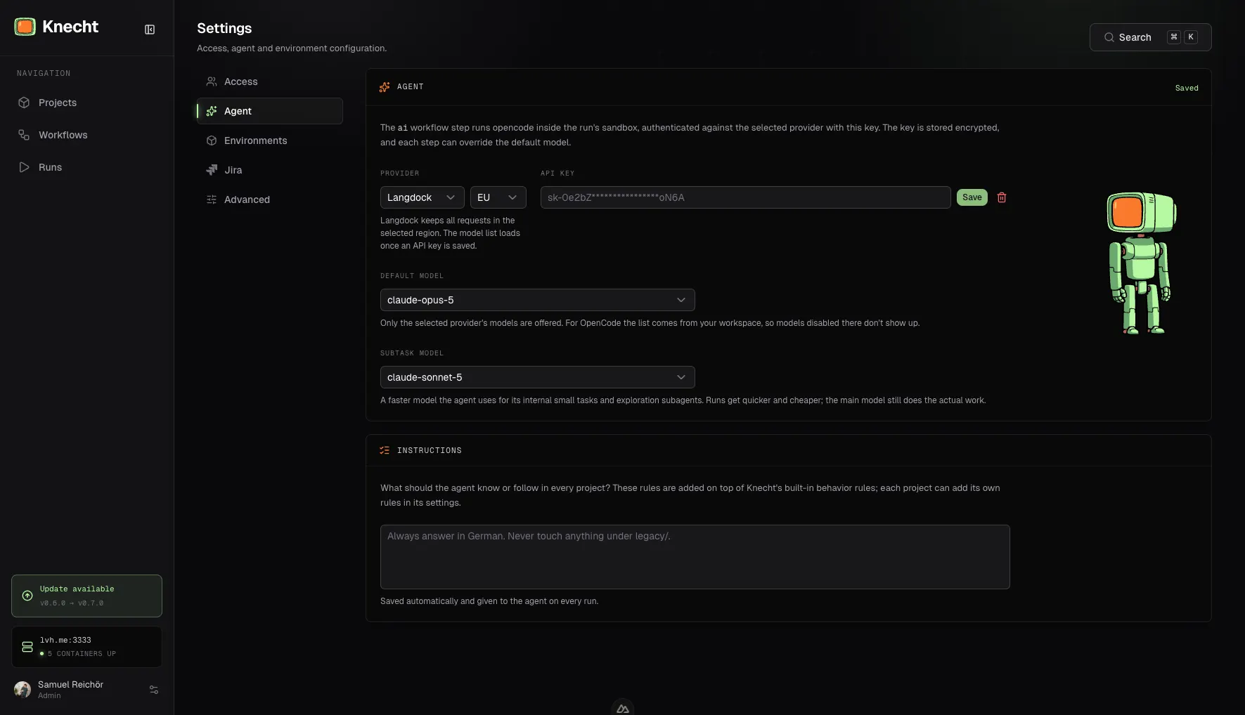 The agent settings with Langdock as the provider, the region select, and the open model picker
