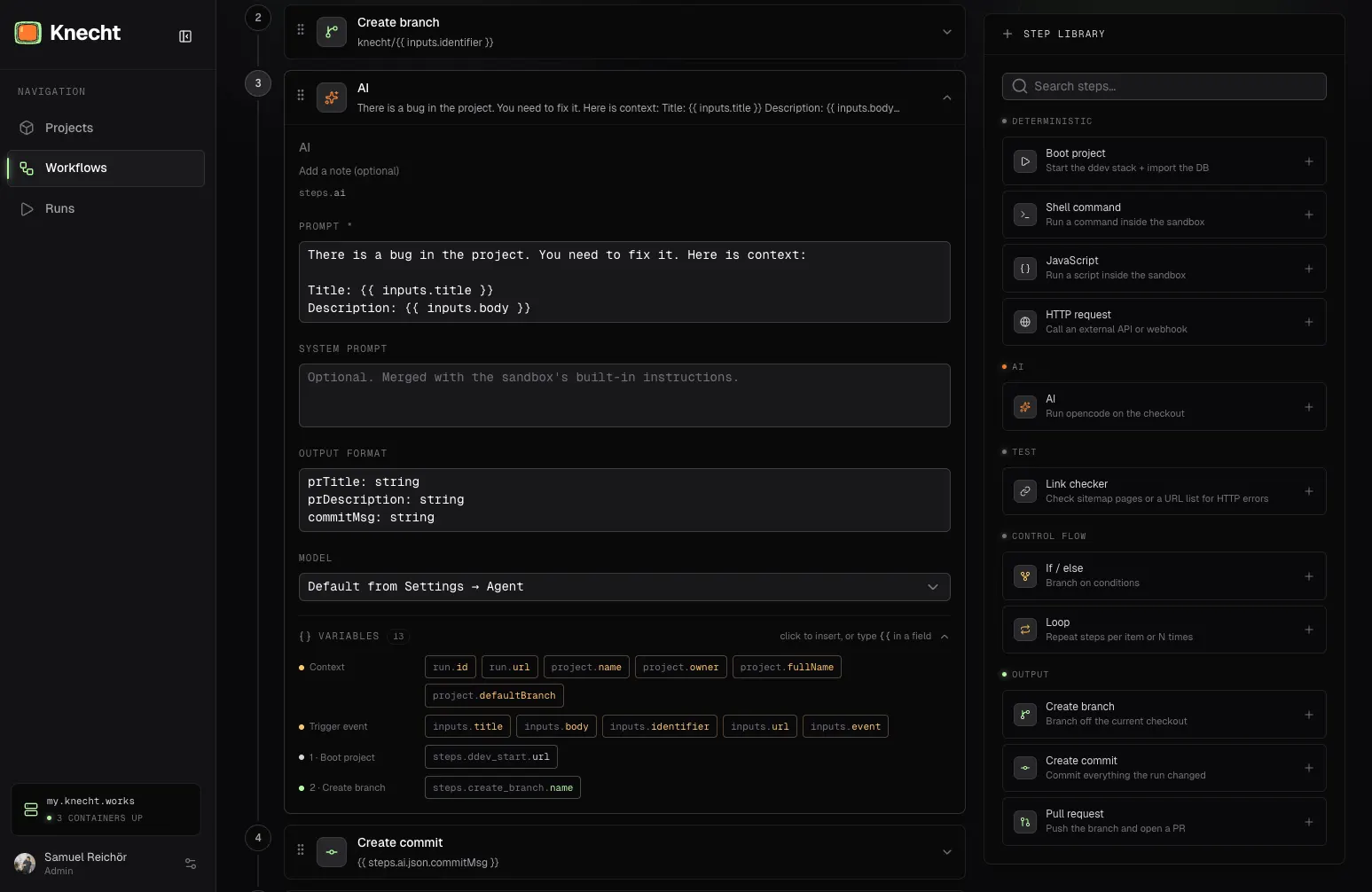 The AI action with prompt, fixed output format, and the available variables