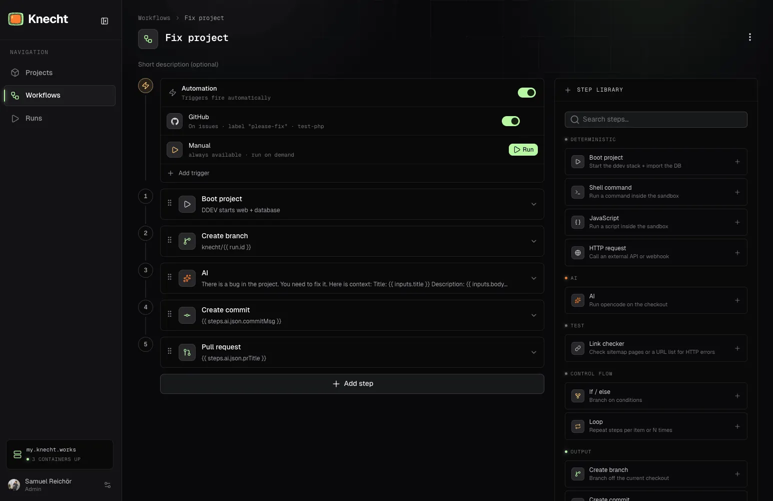 The workflow editor with trigger, steps, and the action library