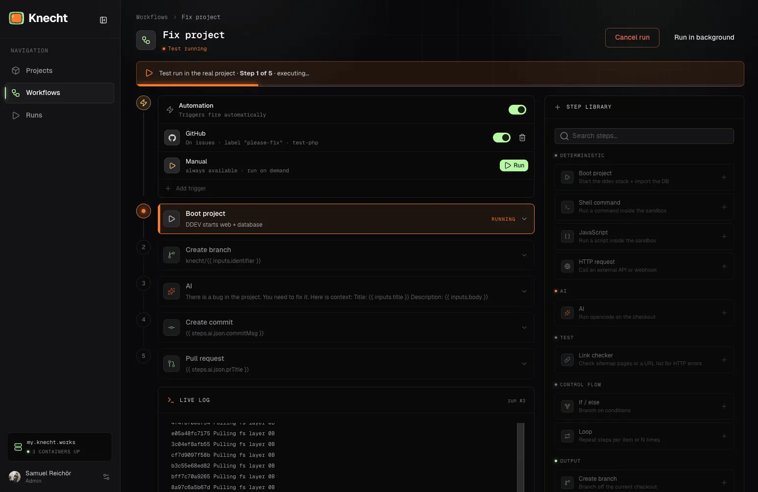 A test run directly in the editor, with live log and active step