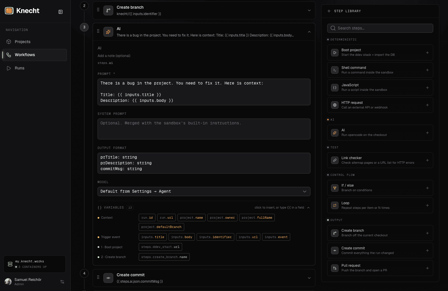 Die AI-Action mit Prompt, festem Output-Format und den verfügbaren Variablen