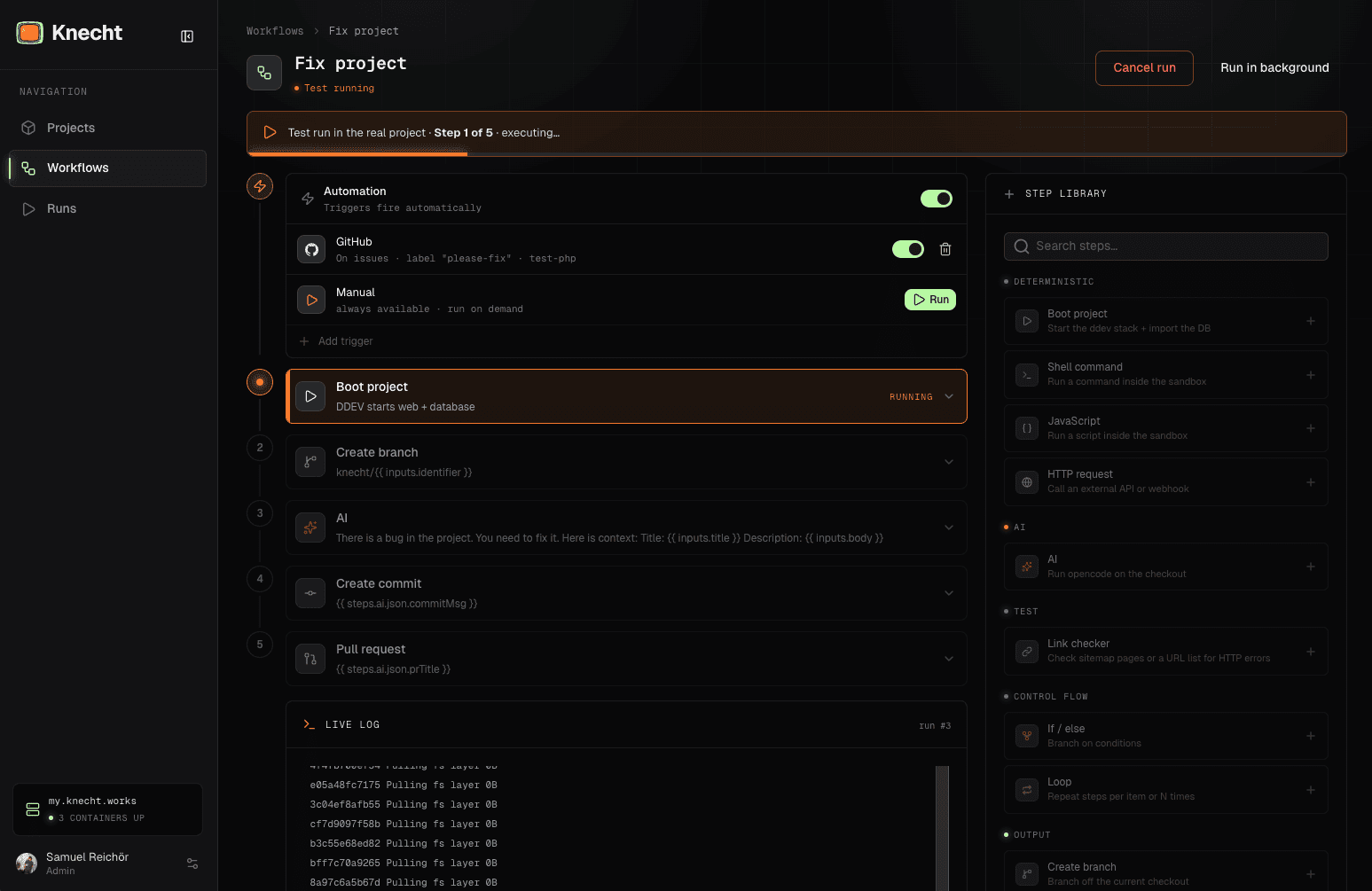 Ein Test-Run direkt im Editor, mit Live-Log und laufendem Schritt